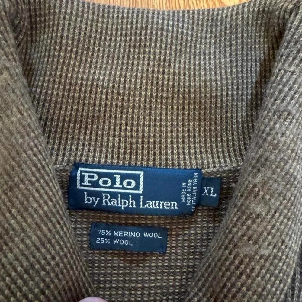 Polo Ralph Lauren Men's Wool Shawl Neck Sweater‎ Brown Herringbone Size XL